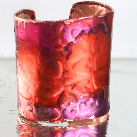 Pink Red Purple Hearts Copper Cuff Bracelet Wide Handmade Boho Gift Statement - Picture 5 of 8